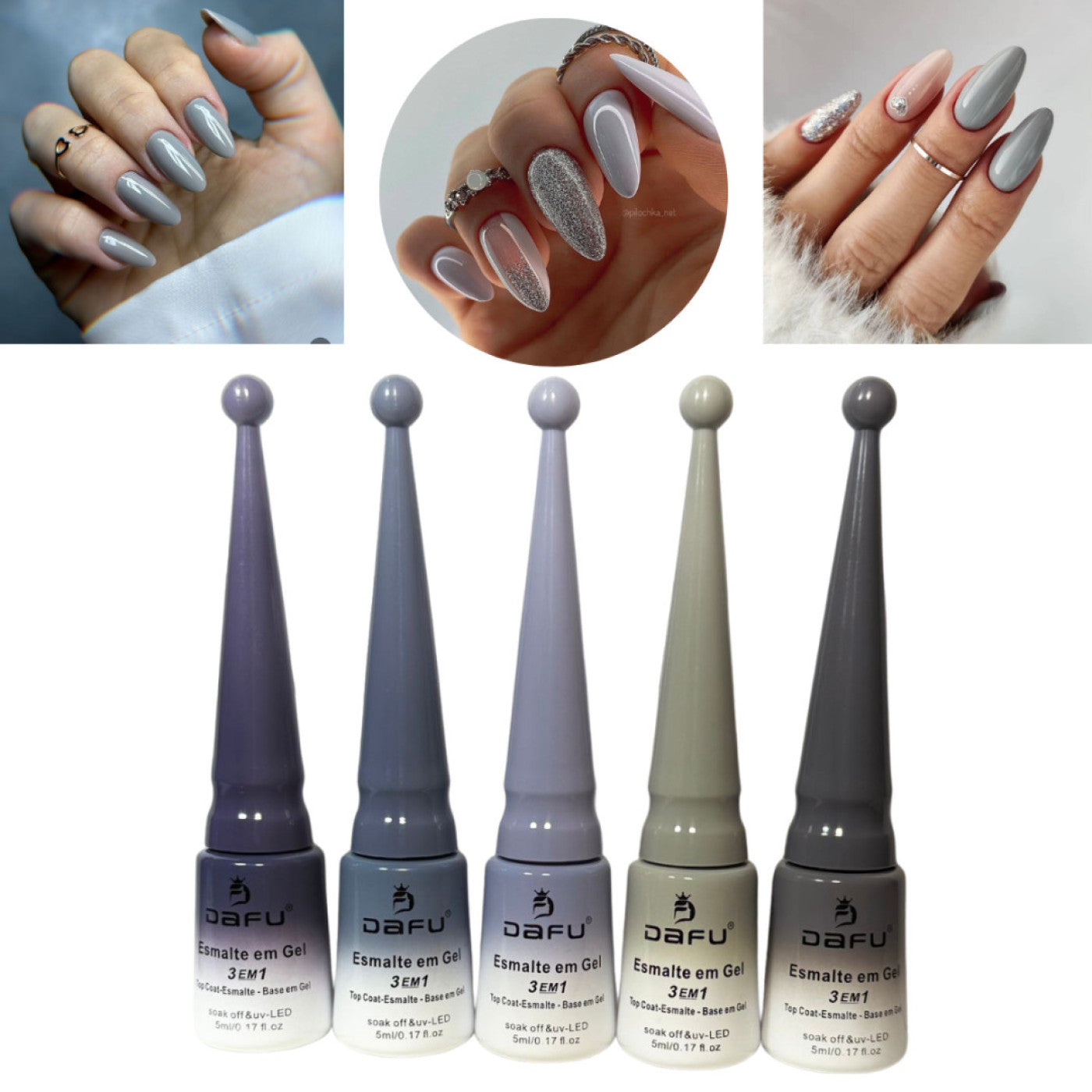 Kit Com 05 Esmalte 3 Em 1 Dafu Tons De Cinza