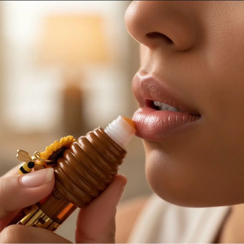 Mulher aplicando balm labial com embalagem de colmeia e detalhe de abelha, hidratante para lábios.