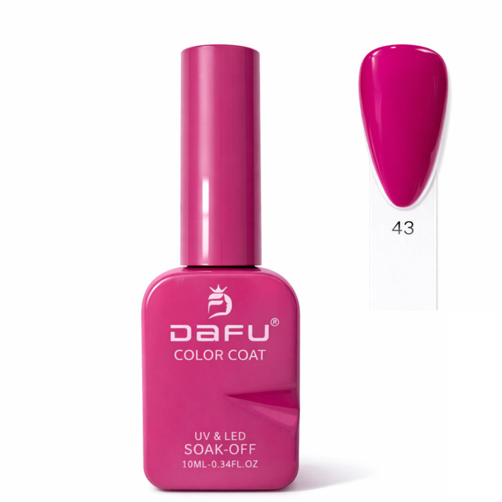 Esmalte em gel rosa, frasco DaFu, cor 43, com amostra da tonalidade para unhas.