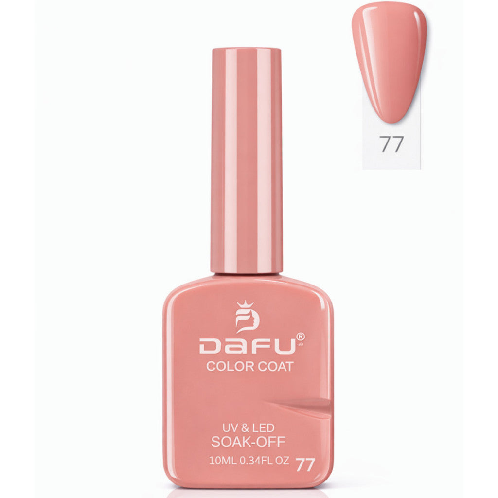 Esmalte em gel tom nude rosado, frasco Dafu Color Coat para unhas, 10ml, número 77.