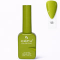 Esmalte em gel verde lima para unhas, frasco com tampa longa e amostra de cor número 55.
