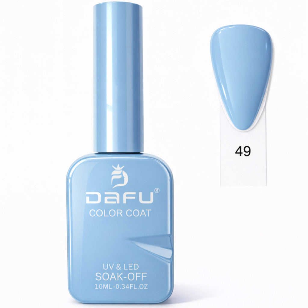 Esmalte em gel azul claro para unhas, frasco com tampa longa e amostra de cor número 49.