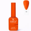 Esmalte em gel laranja, frasco e amostra de cor número 58, acabamento brilhante.