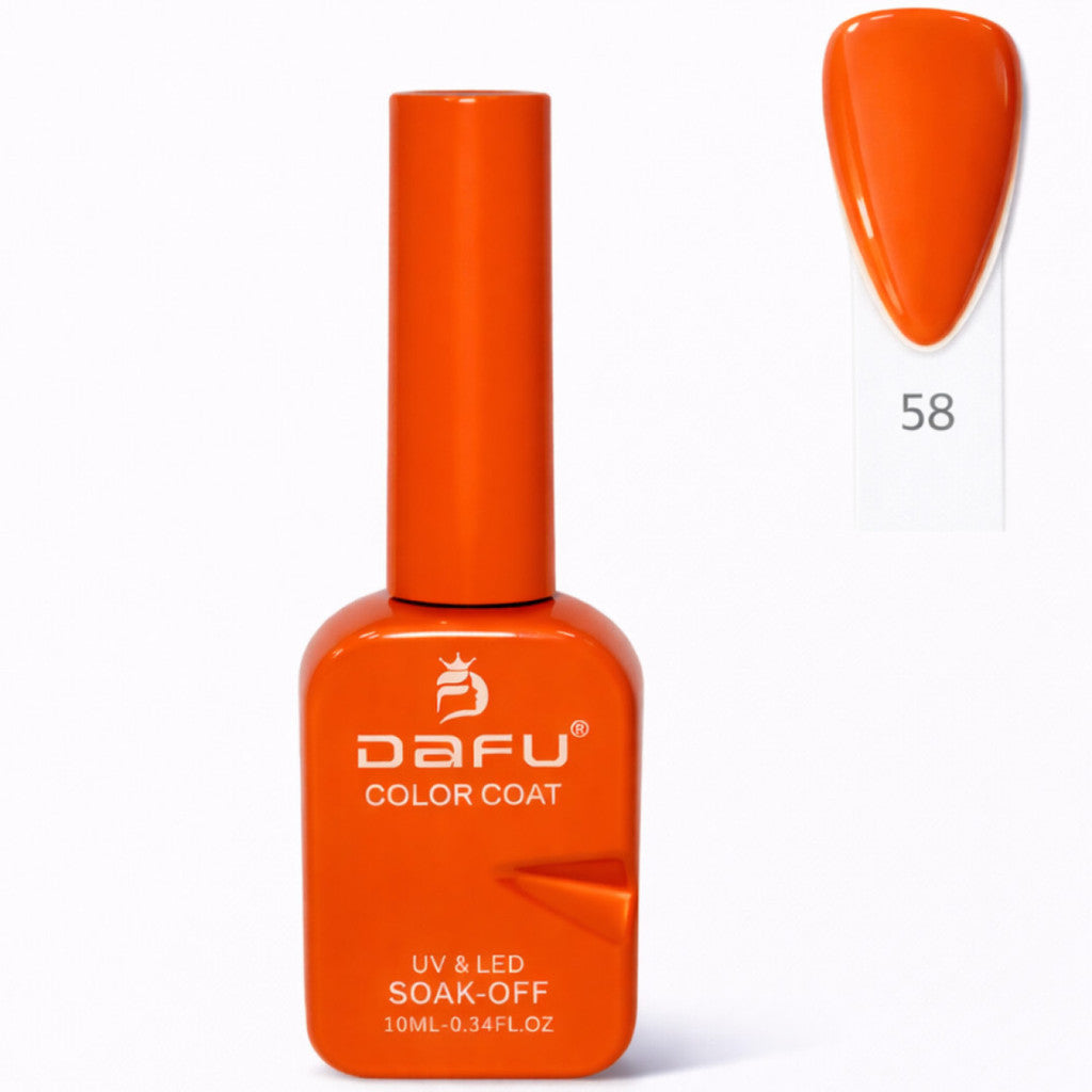 Esmalte em gel laranja, frasco e amostra de cor número 58, acabamento brilhante.