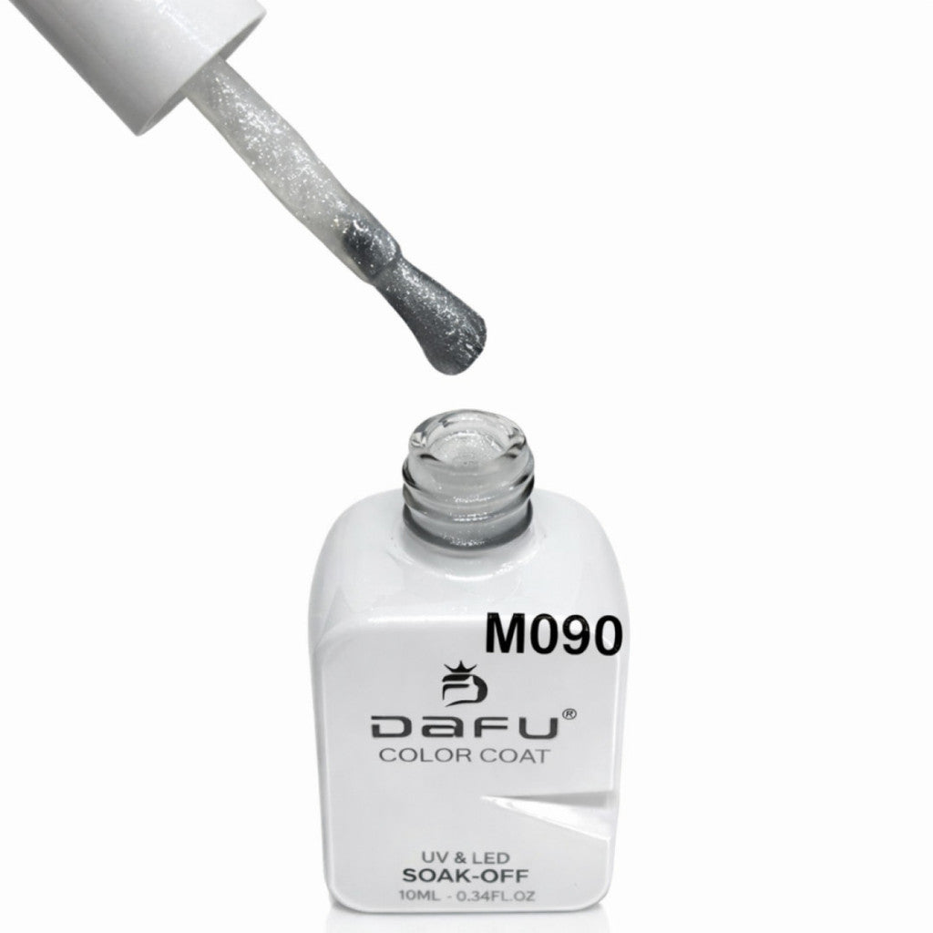 Esmalte em gel prateado Dafu M090, frasco branco com pincel aplicador aberto