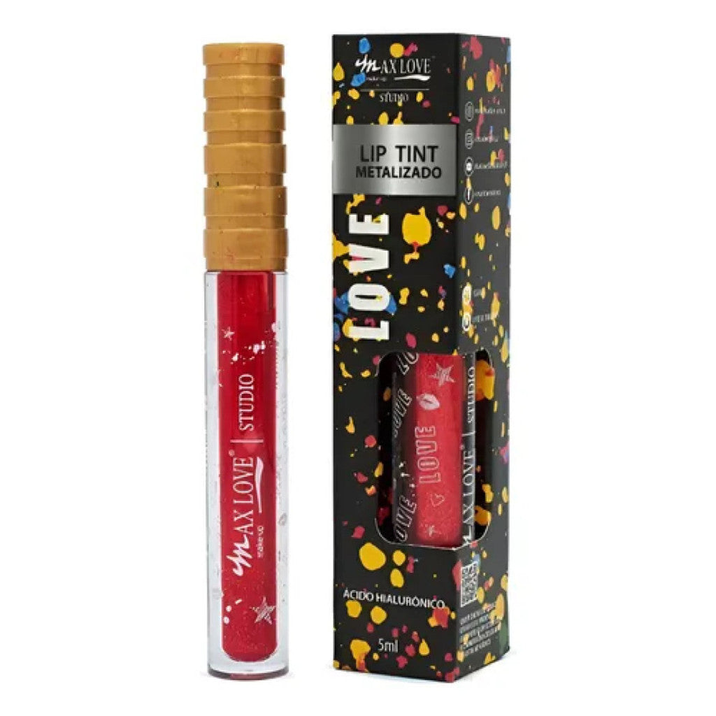 Lip tint metalizado vermelho Max Love em embalagem decorada, 5ml, ácido hialurônico