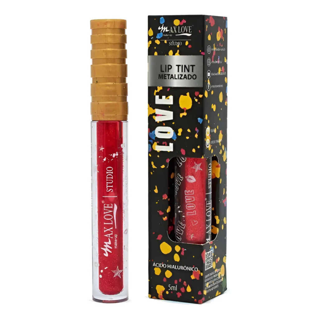 Lip tint metalizado vermelho Max Love, embalagem decorada, 5ml, ácido hialurônico.