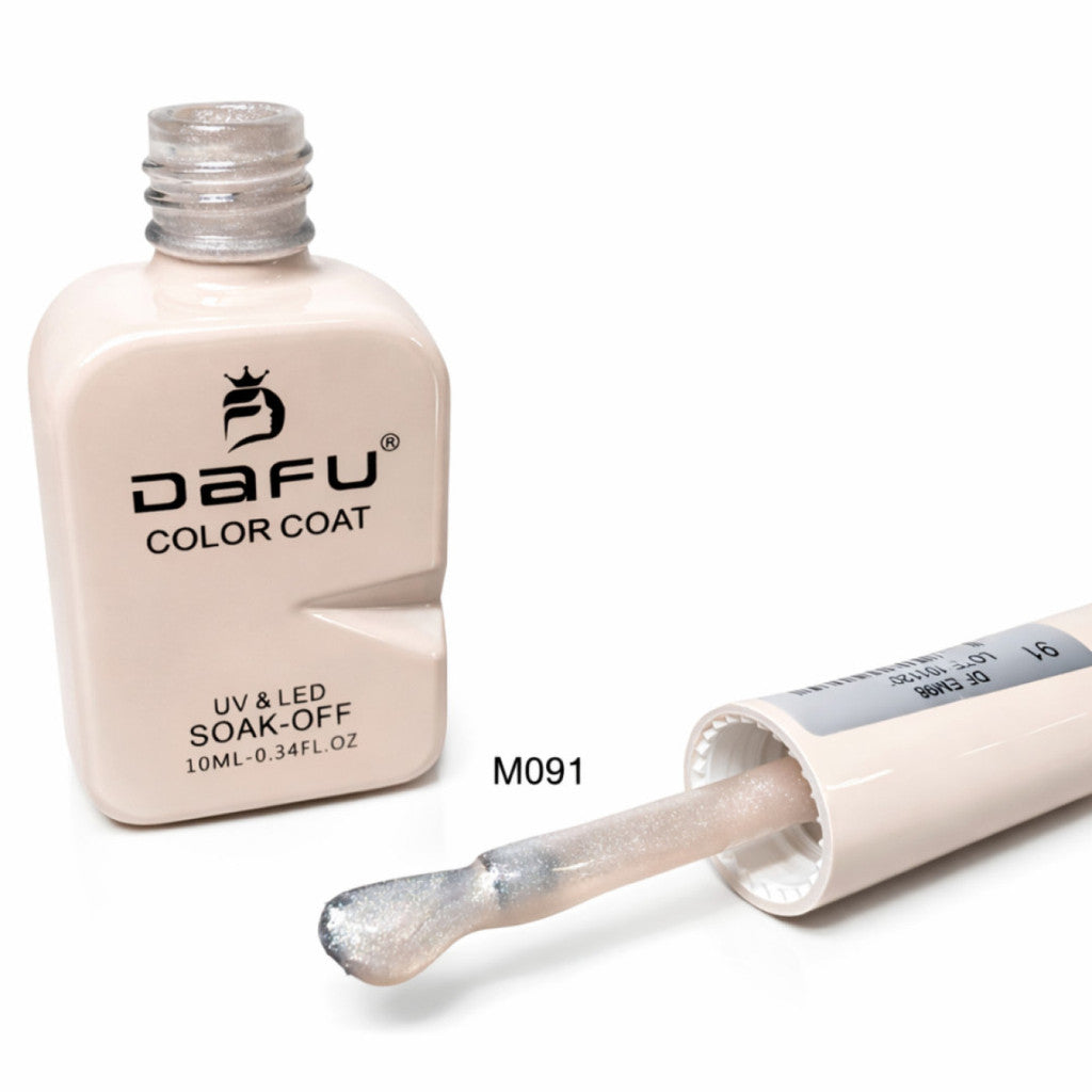 Esmalte em gel nude perolado DaFu M091, frasco aberto com pincel, para unhas UV LED.