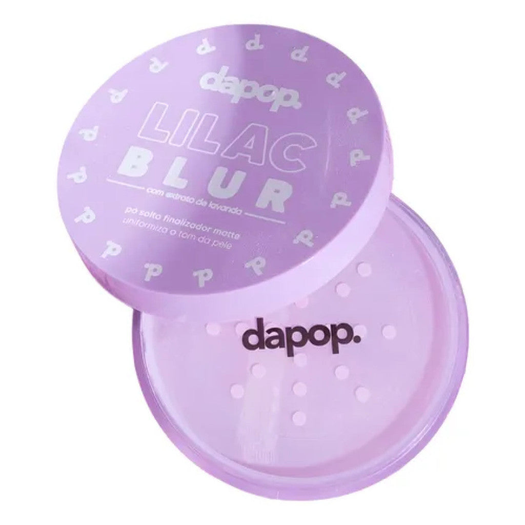 Pó solto lilás finalizador matte dapop Lilac Blur com tampa aberta, embalagem roxa.
