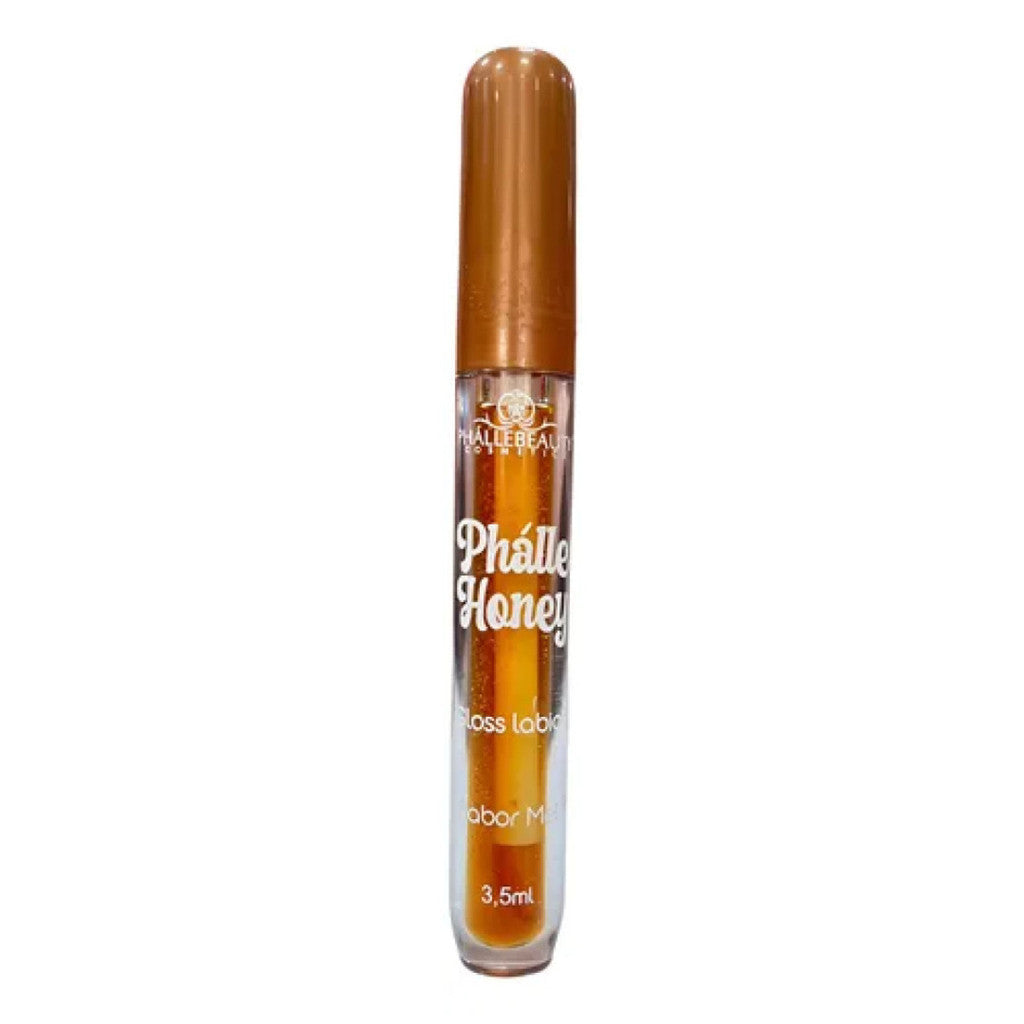 Gloss labial transparente com brilho, embalagem cilíndrica e tampa marrom, 3,5ml