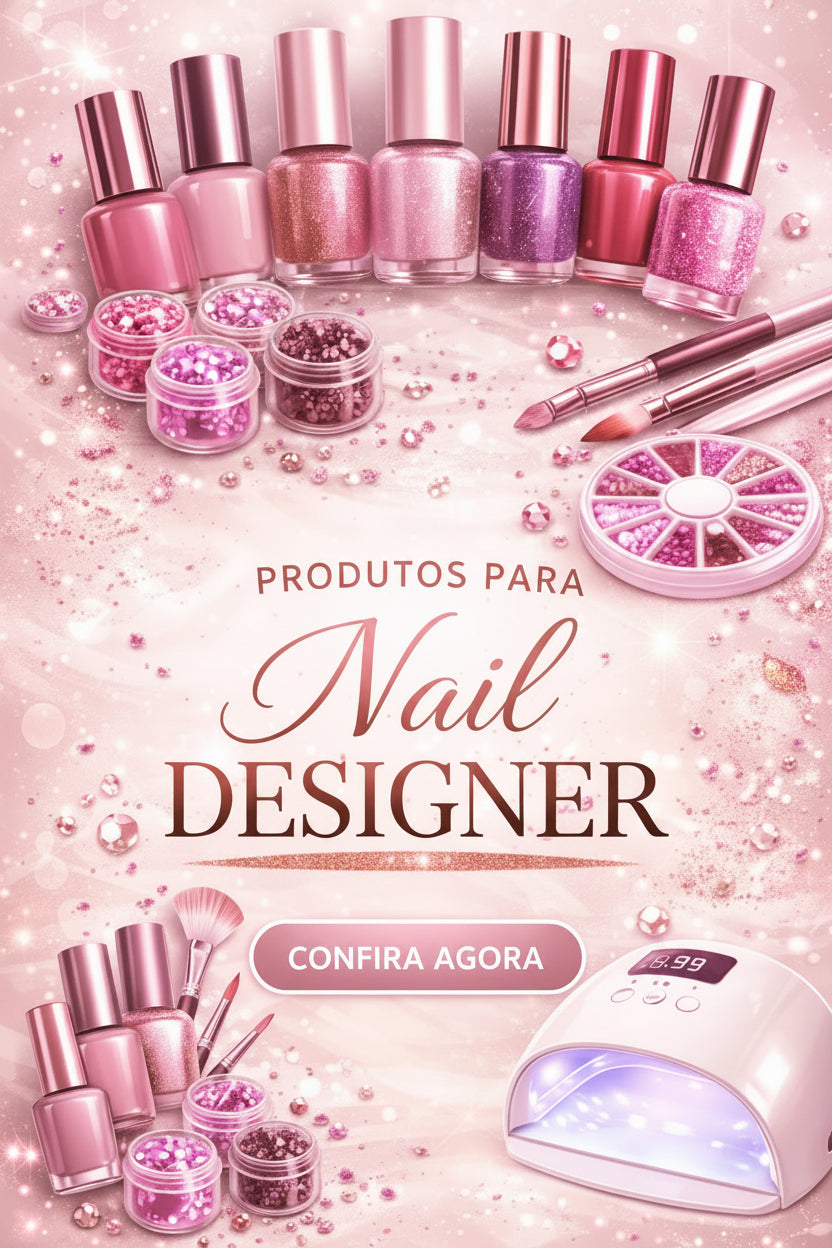 Kit de esmaltes, brilhos e acessórios para nail designer em fundo rosa elegante